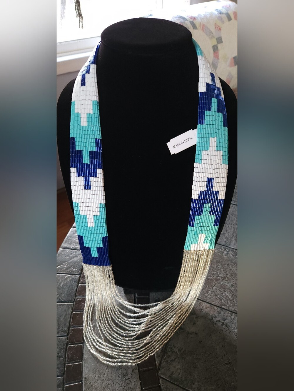 Made in Nepal Turquoise Blue Silver Beaded Waterfall Statement Necklace